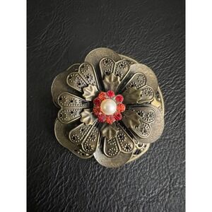 Vintage Bronze Filigree Flower Brooch Red Rhinestone Pearl Pin 2.25" Cottagecore